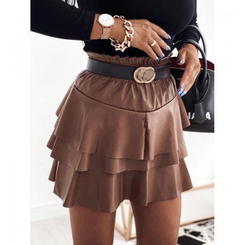 Spring Autumn Classic Women PU Leather Pleated Skirt Elastic High-Waist Mini Skirts Slim A-Line Layered Windproof